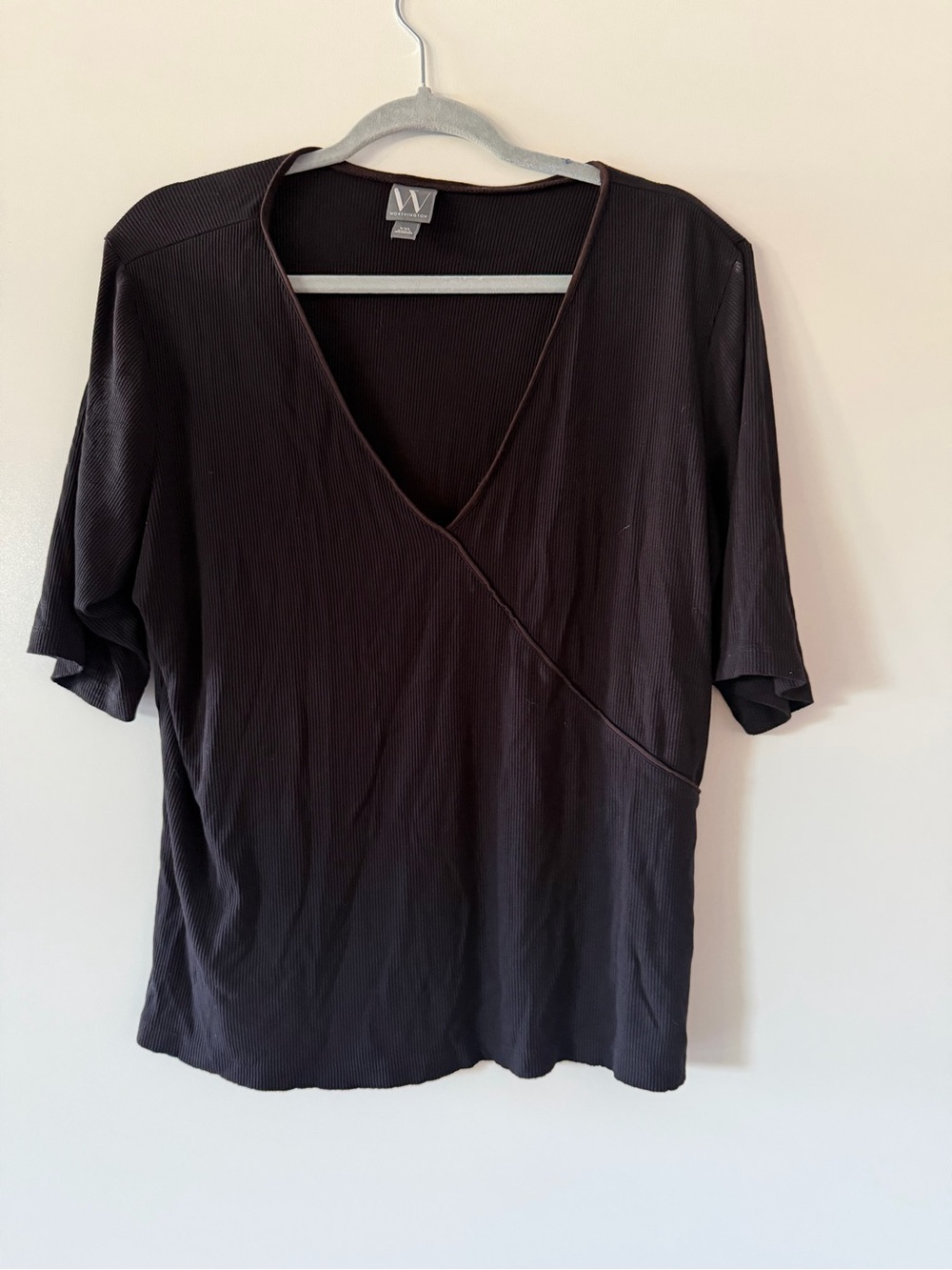 Worthington Black Ribbed V-Neck Wrap-Style Short Sleeve Top